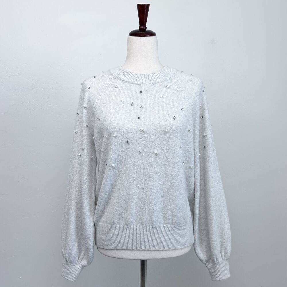 Draper James RSVP Gray Jewel Pearl Balloon Sleeve Crewneck Sweater MEDIUM
